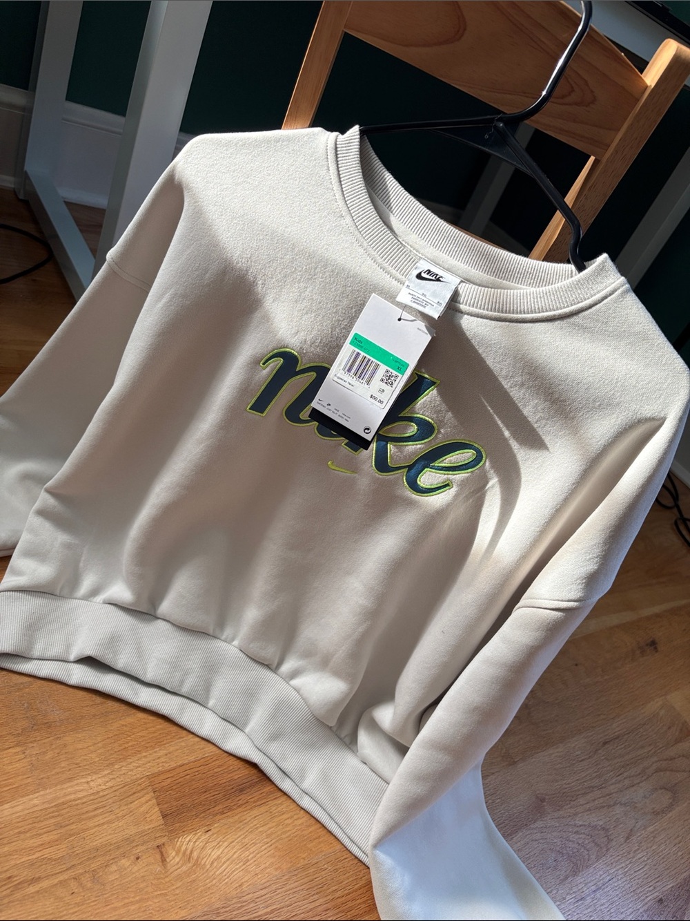 Nike Cream Crewneck Sweatshirt with Green & Navy Embroidered Logo